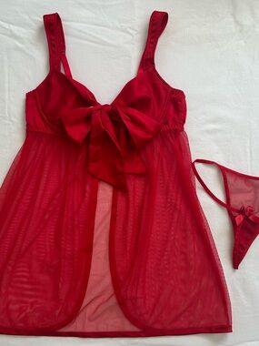Adore Me Red Bow-Front Sheer Babydoll Chemise with Matching Thong